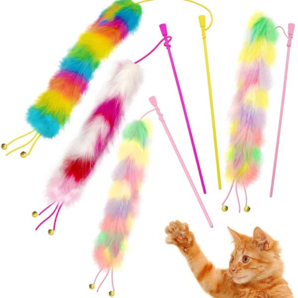 4 Pack Cat Wand Toy, Rainbow Cat Feather Toys with Bells, Cat Teaser Wand with Soft Furry Tail, Interactive Cat Toys for Indoor Cats & Kitten & Kitty