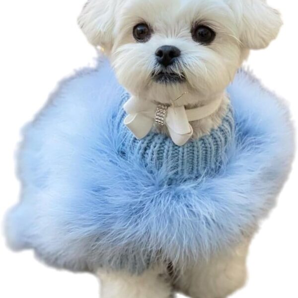 Small Dog Pullover Sweater Cute Furry Coat Cold Weather Knitted Feather Turtleneck Knitwear Warm Clothes,Blue,S