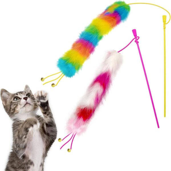2 Pack Cat Wand Toy, Rainbow Cat Feather Toys with Bells, Cat Teaser Wand with Soft Furry Tail, Interactive Cat Toys for Indoor Cats & Kitten & Kitty