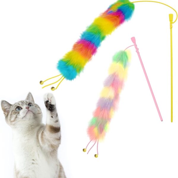2 Pack Cat Wand Toy, Rainbow Cat Feather Toys with Bells, Cat Teaser Wand with Soft Furry Tail, Interactive Cat Toys for Indoor Cats & Kitten & Kitty