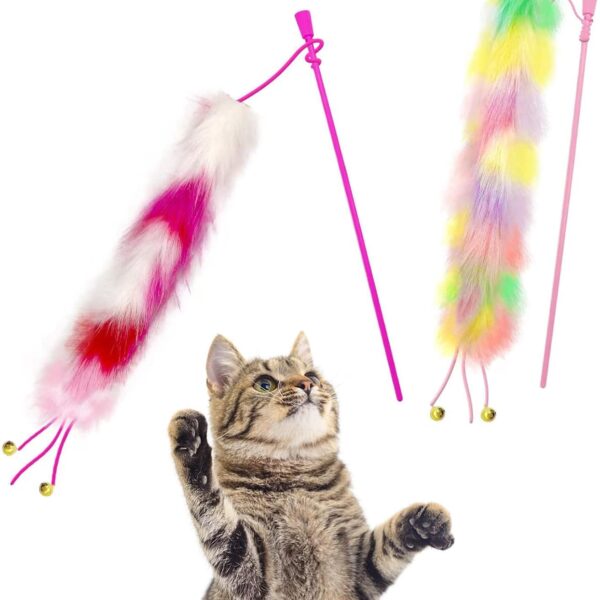 2 Pack Cat Wand Toy, Rainbow Cat Feather Toys with Bells, Cat Teaser Wand with Soft Furry Tail, Interactive Cat Toys for Indoor Cats & Kitten & Kitty
