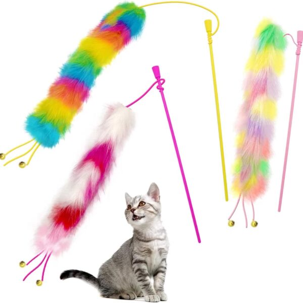 3 Pack Cat Wand Toy, Rainbow Cat Feather Toys with Bells, Cat Teaser Wand with Soft Furry Tail, Interactive Cat Toys for Indoor Cats & Kitten & Kitty