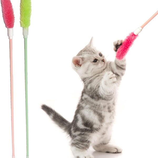 Interactive Cat Toys, Cat Teaser Wand Toys - Long Sticks with Pink & Green Soft Plush Tips for Indoor Cats and Kittens, 2Pcs Set