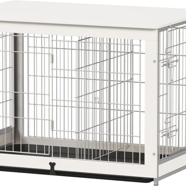 Wooden Dog Crate Furniture with Divider Panel, Dog Crate End Table with Fixable Slide Tray, Double Doors Dog Kennel Indoor for Dogs(L:37.8" L*25.1" W*26.3" H,White)