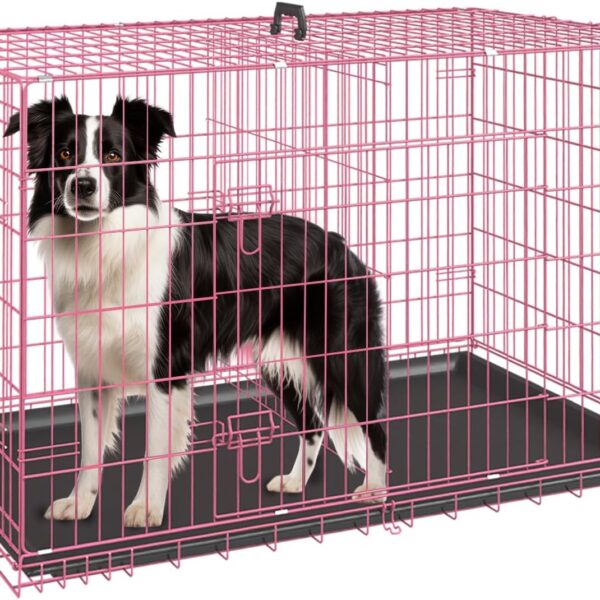 Dog Crate Dog Cage Pet Crate for Large Dogs Folding Metal Pet Cage Double Door W/Divider Panel Indoor Outdoor Dog Kennel Leak-Proof Plastic Tray Wire Animal Cage (Pink, 36 Inch)