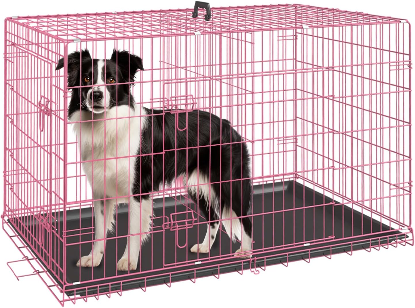 Dog Crate Dog Cage Pet Crate for Large Dogs Folding Metal Pet Cage Double Door W/Divider Panel Indoor Outdoor Dog Kennel Leak-Proof Plastic Tray Wire Animal Cage (Pink, 36 Inch)