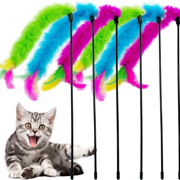 Cat Wand Toy Cat Feather Toys, 6 PCS Cat Feather Teaser Toy, Interactive Feather Cat Toy for Indoor Cats Play