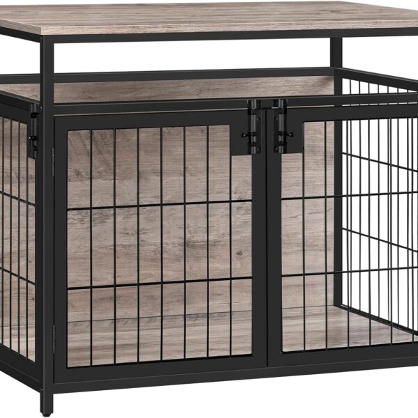 Dog Crate Furniture, 31.5 Inches Wooden Dog Crate, Dog Kennels Indoor with 3 Doors, Decorative Pet House End Table, for Small/Medium Dog, Chew-Resistant, Greige and Black