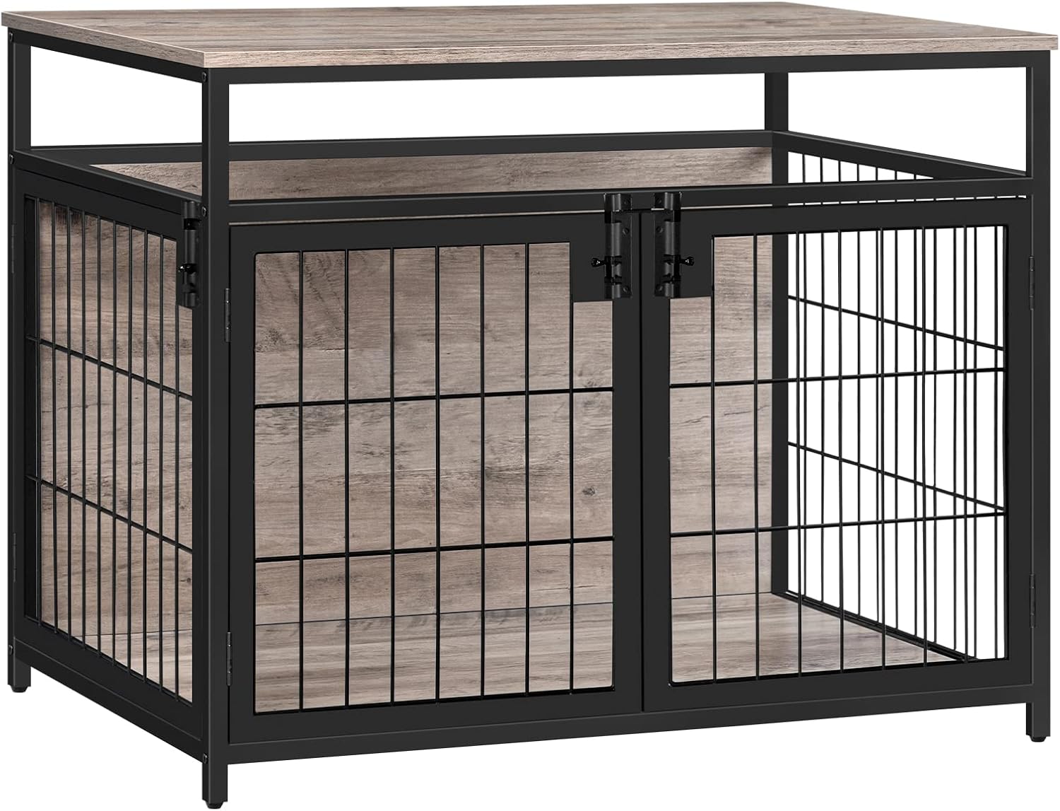 Dog Crate Furniture, 31.5 Inches Wooden Dog Crate, Dog Kennels Indoor with 3 Doors, Decorative Pet House End Table, for Small/Medium Dog, Chew-Resistant, Greige and Black