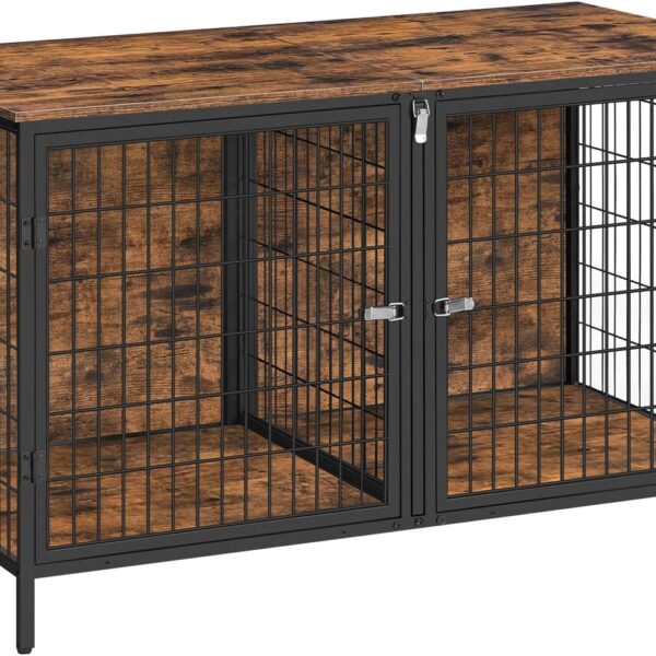 Dog Crate Furniture for 2 Dogs, 43.3" Dog Kennel with Removable Divider, Heavy Sturdy Dog Furniture Style Double Cage for Small Medium Dog, Indoor Dog House End Table, Rustic Brown