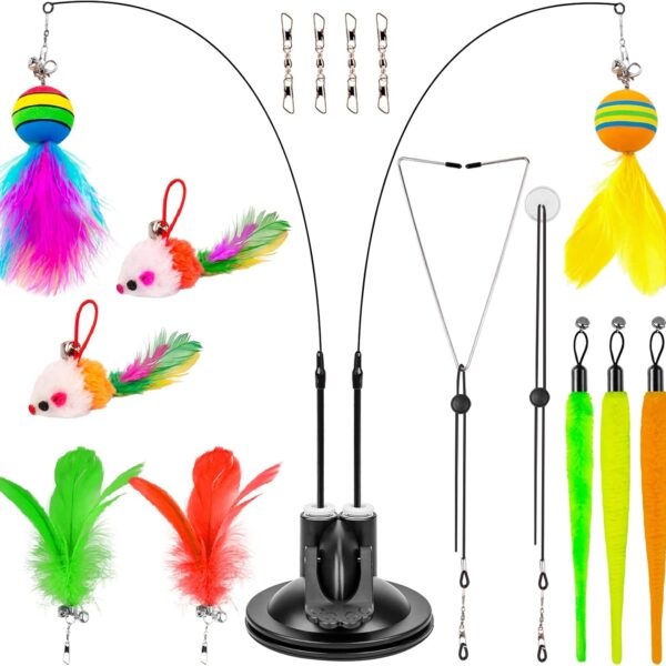 Cat Toys Wand, Interactive Cat Toy with Super Suction Cup Sticky Detachable 12 PCS Feather Replacements 2 Wands Cat Spring Feather Toys for Indoor Cats Kitten Toys (9 Toys Double Headed)