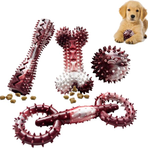 4 Pack Puppy Toys for 2-8 Months Pets Dog Chew Toy for Small Puppies Teething Toys for Cleaning Teeth Food Dispensing Soft Durable Rubber Bone Funny Ball Interactive Donut Treat Dumbbell (Meat)