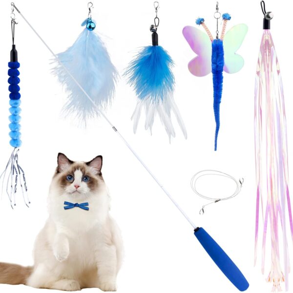 Cat Wand Toy for Indoor Cats 6PCS Fairy Feather Cat Toys with Retractable Fishing Pole Replaceable Feather Attachments Dragonfly Tassel Worm with Bells Cat String Kitten Toy Gift (Blue)