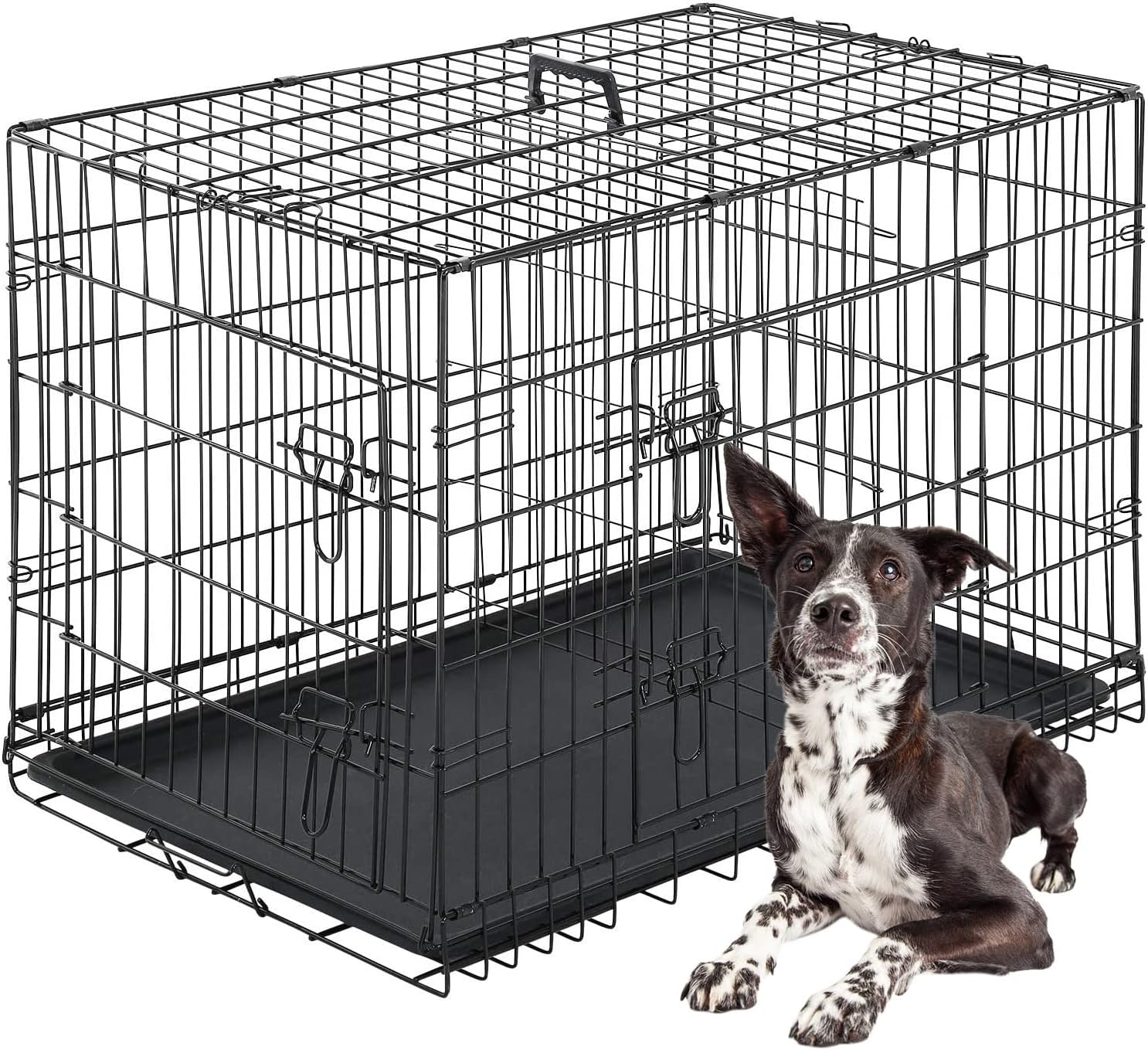 Dog Crate Dog Cage Pet Crate for Large Dogs Folding Metal Pet Cage Double Door W/Divider Panel Indoor Outdoor Dog Kennel Leak-Proof Plastic Tray Wire Animal Cage (Black, 42 Inch)