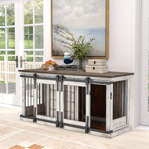 Large Dog Crate Furniture, 62.5'' Solid Wood Furniture Style Dog Crate with Removable Divider, Bite Resistant Dog Kennel Indoor, Dog Cage with Double Sliding Barn Door Design, White