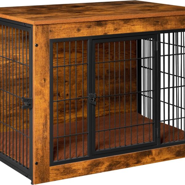 Dog Crate Furniture with Thick Cushion, Side End Table Wooden Dog Cage with Double Doors, Chew-Resistant Dog Kennel Dog House Indoor for Small to Large Dog, L
