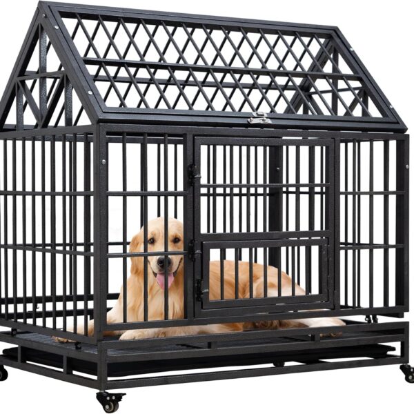 Heavy Duty Dog Crate Cage Kennel for Large XL XXL Dogs, High Anxiety Indestructible Indoor Dog Kennel with Lockable Wheels & Feeding Door, 3 Door and Removable Tray Design (42 inch, Spire Roof)