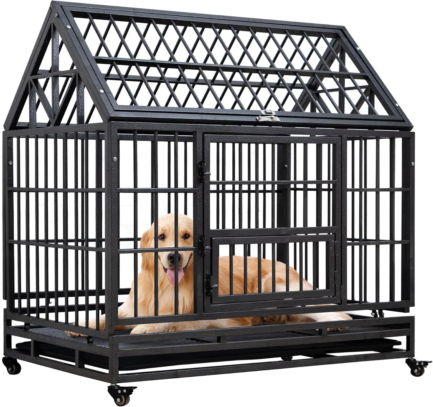 Heavy Duty Dog Crate Cage Kennel for Large XL XXL Dogs, High Anxiety Indestructible Indoor Dog Kennel with Lockable Wheels & Feeding Door, 3 Door and Removable Tray Design (42 inch, Spire Roof)