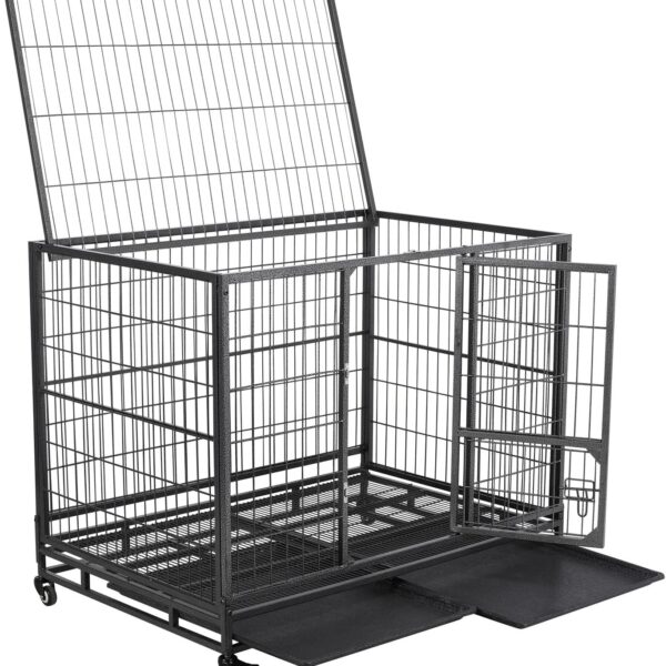 42-inch Dog Crate Heavy Duty Metal Dog Crate for The house Indoor Dog Kennel for Small/Medium/Large Dogs w/Double Doors & Locks & Double Tray & Lockable Wheels Pet Cage Black