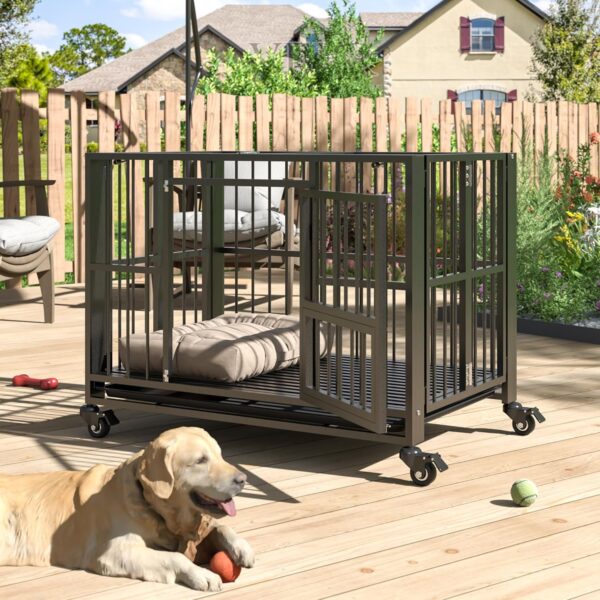 43/38 inch Heavy Duty Dog Crate, Folding Dog Kennel No Assembly, Escape Proof Large Dog Cage Kennel with Lockable Wheels, High Anxiety Pet Playpen with Double Door indoor/outdoor.(38In)