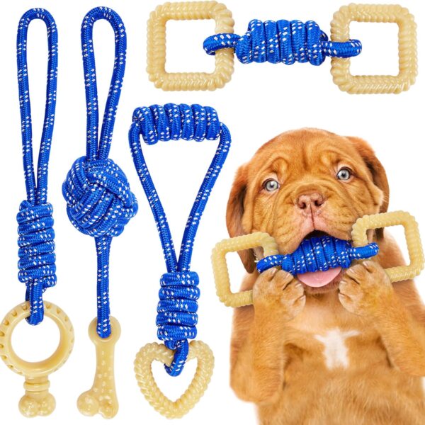All Nylon Puppy Toys 4 Pcs for Aggressive Chewers Puppies,Durable Interactive Puppy Chew Toys,Beef Flavored Puppy Teething Toys Long-Lasting Play,Tug of War Puppy Toys to Keep Them Busy