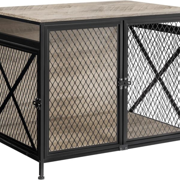 Dog Crate Furniture, 31.5" L Three-Door Wooden Dog Kennel Indoor, Connectable expansion, Wooden Dog Crate Table for Small/Medium/Large Dog, Dog House, Dog Cage Large, Greige