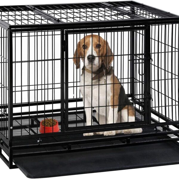 Dog Crate Cage for Large Dogs Heavy Duty 36 Inches Dog Kennel Pet Playpen for Training Indoor Outdoor with Plastic Tray Double Doors & Locks Design