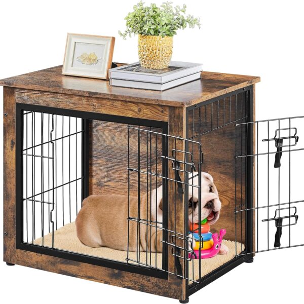 27.5'' Dog Crate Furniture with Cushion Wooden Dog Crate with Double Doors/Adjustable Feet Side End Table for Small/Medium Dogs, 27.5" L x 20" W x 24" H